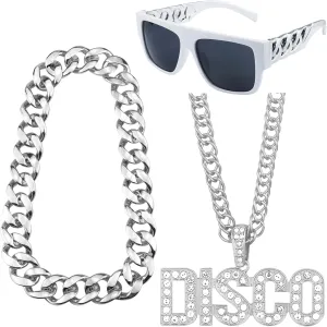 3 Pack 70s Party Chain Costumes Outit Fake Gold chain Disco Necklace Twist Leg Punk sunglasses 80s 90s Hip Hop Costumes for Men Women Rapper Accessories