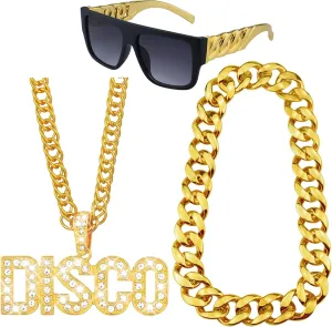 3 Pack 70s Party Chain Costumes Outit Fake Gold chain Disco Necklace Twist Leg Punk sunglasses 80s 90s Hip Hop Costumes for Men Women Rapper Accessories