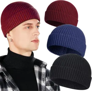 3 Pack Wool Fisherman Beanies for Men, Short Knit Watch Cap Cuffed Trawler Hats