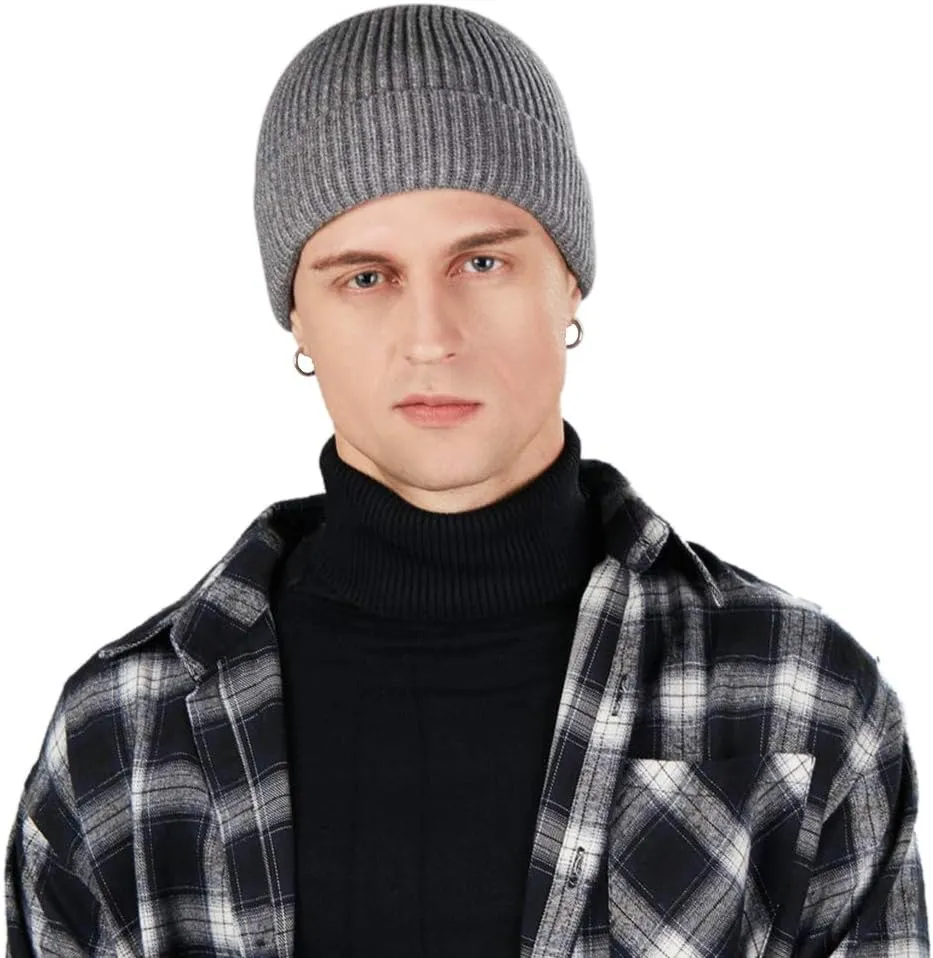 3 Pack Wool Fisherman Beanies for Men, Short Knit Watch Cap Cuffed Trawler Hats