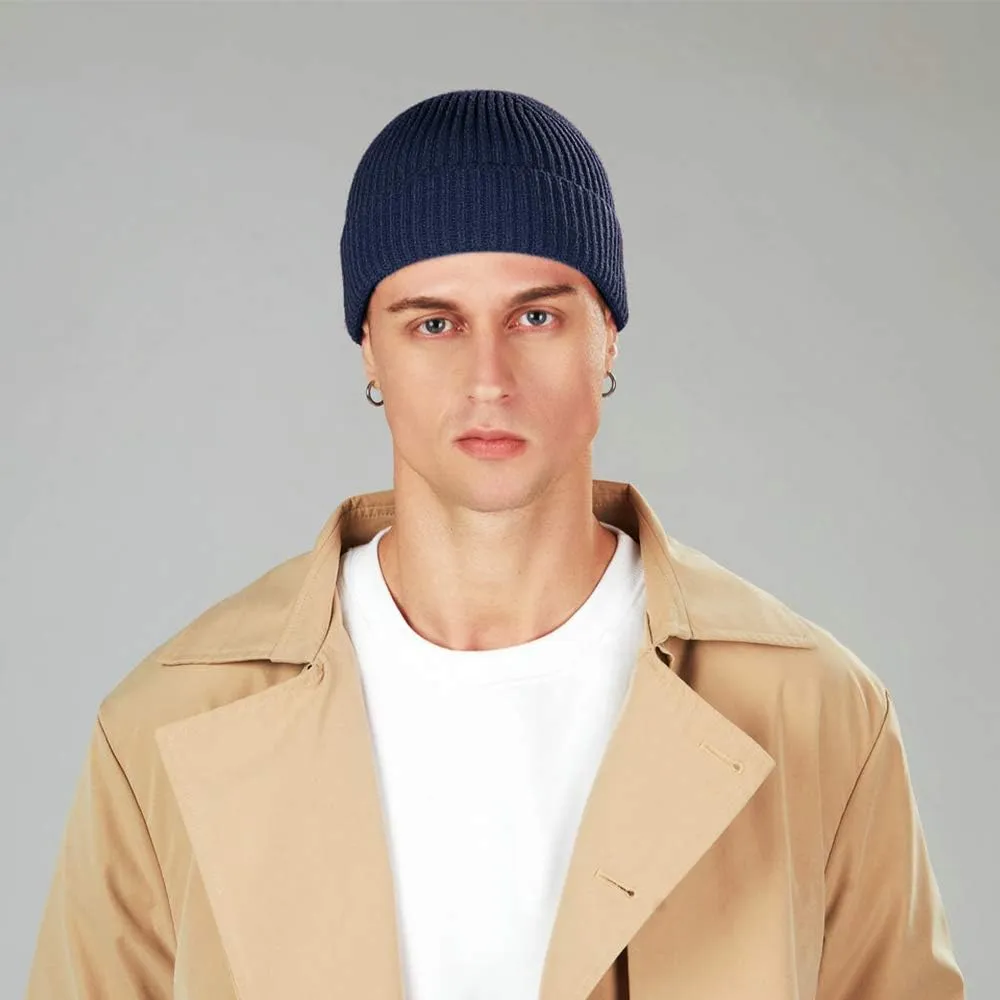 3 Pack Wool Fisherman Beanies for Men, Short Knit Watch Cap Cuffed Trawler Hats