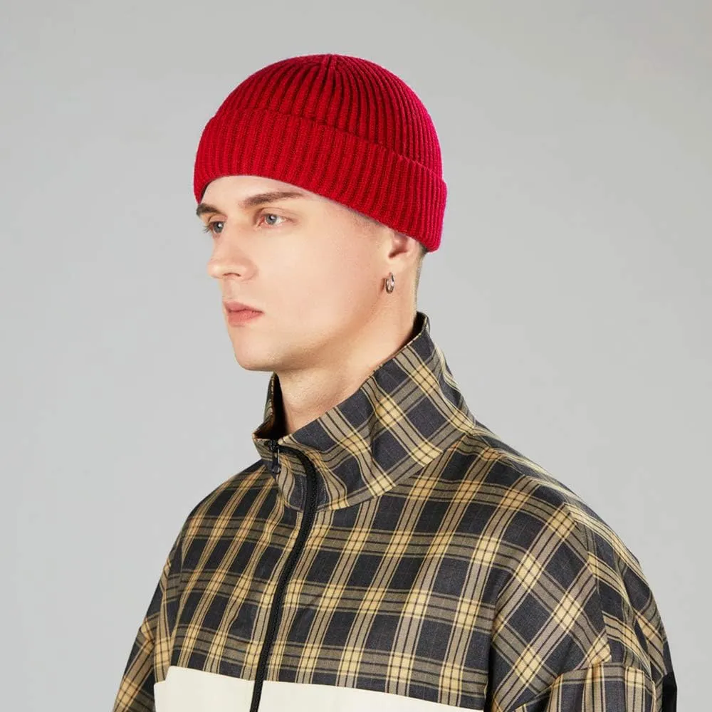 3 Pack Wool Fisherman Beanies for Men, Short Knit Watch Cap Cuffed Trawler Hats