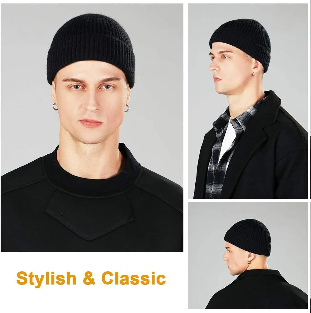 3 Pack Wool Fisherman Beanies for Men, Short Knit Watch Cap Cuffed Trawler Hats