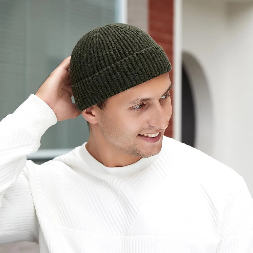 3 Pack Wool Fisherman Beanies for Men, Short Knit Watch Cap Cuffed Trawler Hats