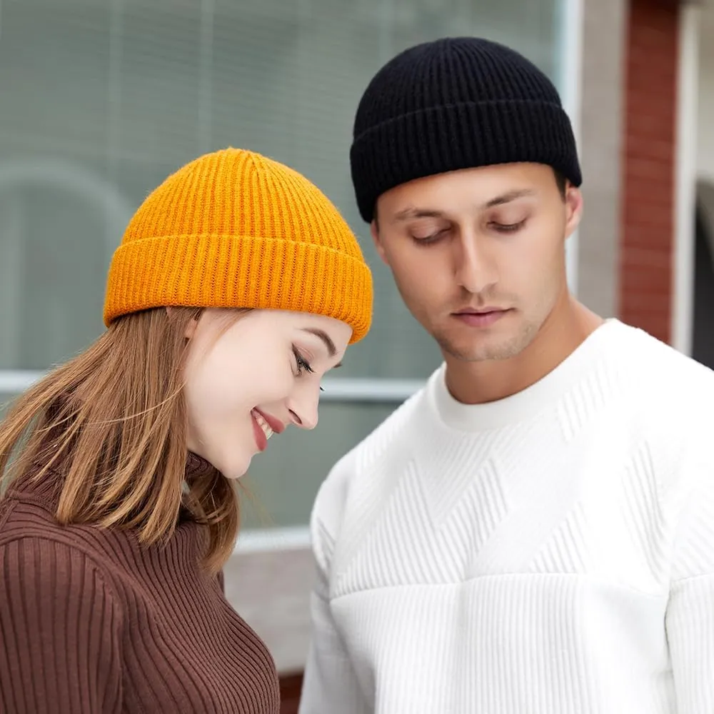 3 Pack Wool Fisherman Beanies for Men, Short Knit Watch Cap Cuffed Trawler Hats