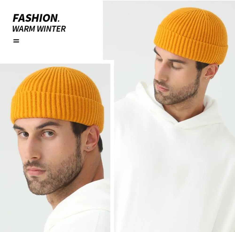 3 Pack Wool Fisherman Beanies for Men, Short Knit Watch Cap Cuffed Trawler Hats