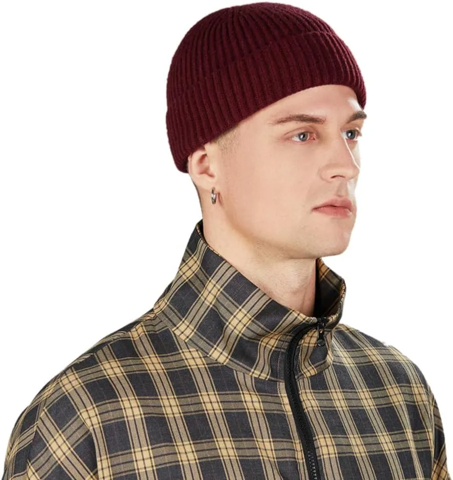 3 Pack Wool Fisherman Beanies for Men, Short Knit Watch Cap Cuffed Trawler Hats