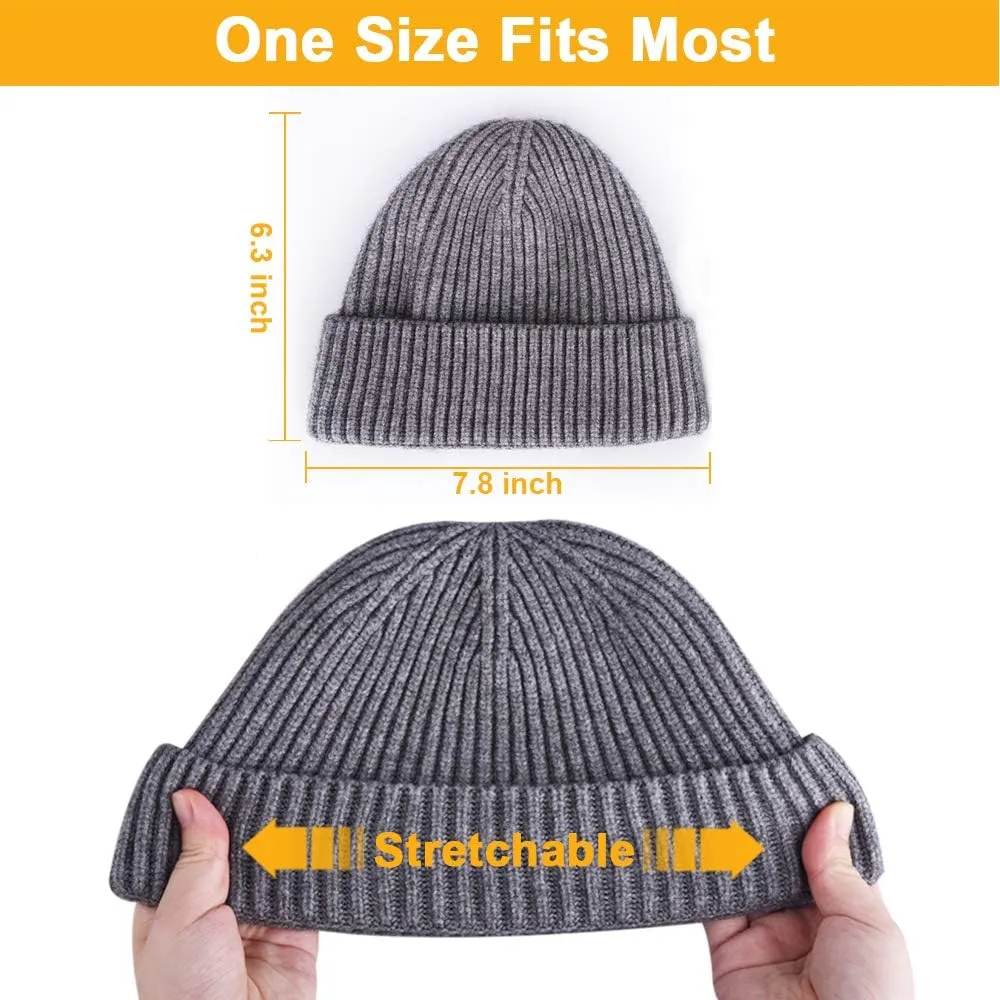 3 Pack Wool Fisherman Beanies for Men, Short Knit Watch Cap Cuffed Trawler Hats
