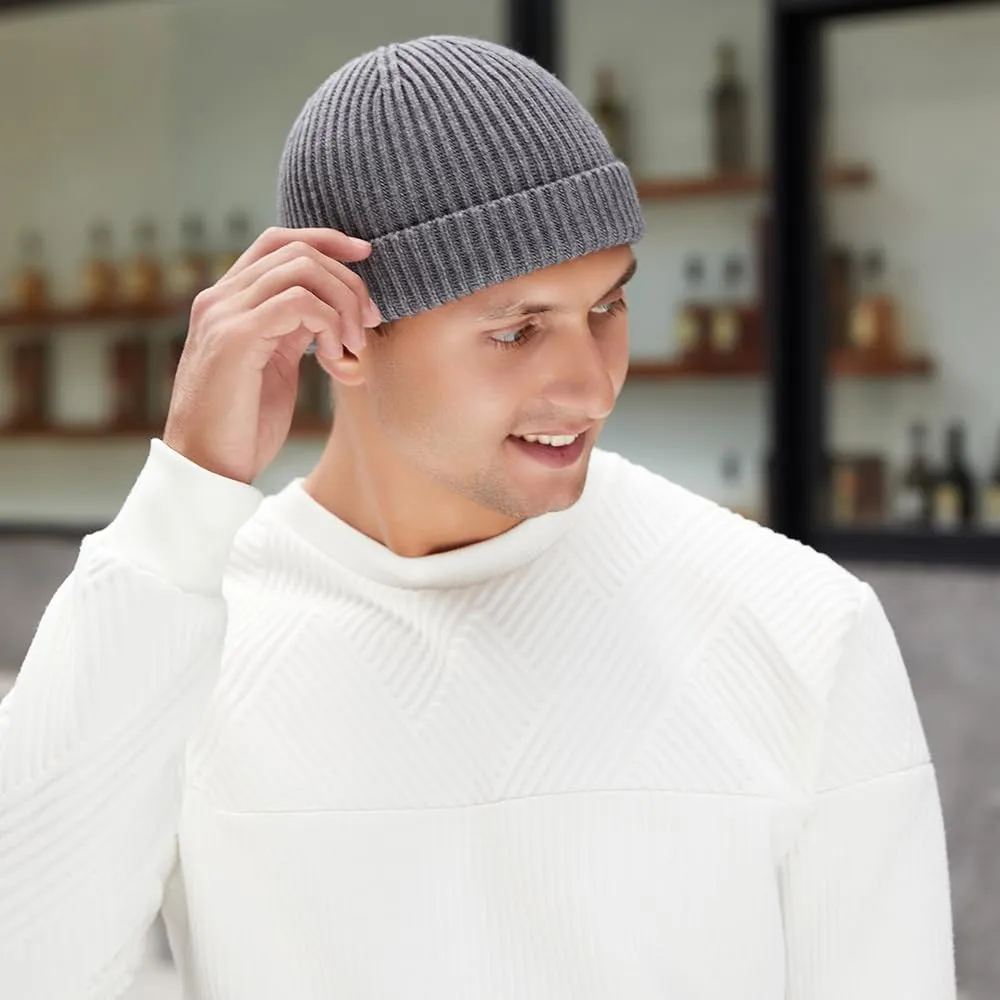 3 Pack Wool Fisherman Beanies for Men, Short Knit Watch Cap Cuffed Trawler Hats