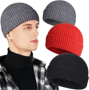 3 Pack Wool Fisherman Beanies for Men, Short Knit Watch Cap Cuffed Trawler Hats