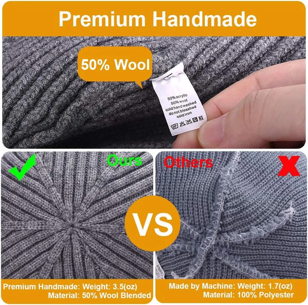 3 Pack Wool Fisherman Beanies for Men, Short Knit Watch Cap Cuffed Trawler Hats