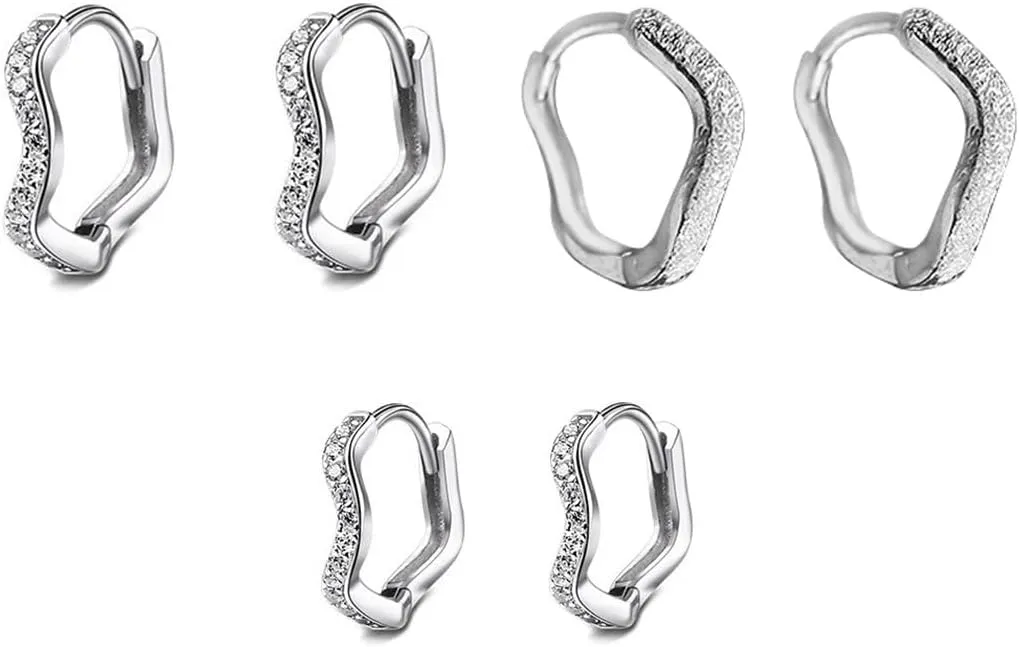 3 Pairs CZ Wave Cartilage Hoop Earrings for Women Minimalist Huggie Hoops Small Cubic Zirconia Sleeper Earring Dainty Jewelry Set (Silvery, 8/10mm)