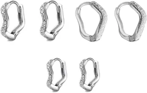 3 Pairs CZ Wave Cartilage Hoop Earrings for Women Minimalist Huggie Hoops Small Cubic Zirconia Sleeper Earring Dainty Jewelry Set (Silvery, 8/10mm)