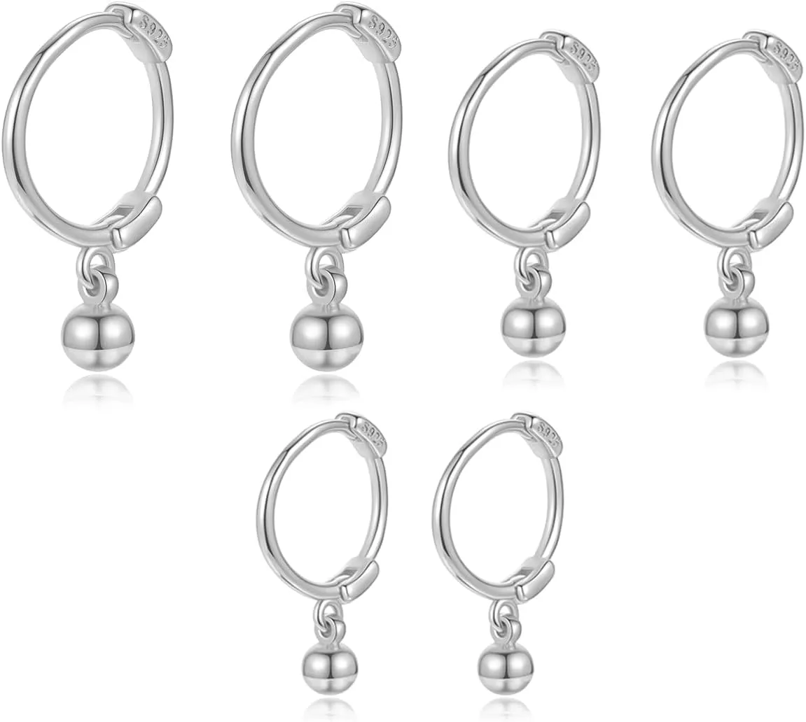 3 Pairs Tiny Ball Cartilage Hoop Earrings for Women Minimalist Huggie Hoop Earring Small Tragus Hoops Ear Piercing Lightweight Jewelry (Silvery, 6/8/10mm)