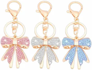 3 PCS Rhinestone Bow Keychain Gold Bowknot Key Chain Sparkly Purse Charms Cute Car Keychain Fashion Key Chain for Key Purse Backpack Handbag Decorate Accessories for Women Girls Pink, White, Blue