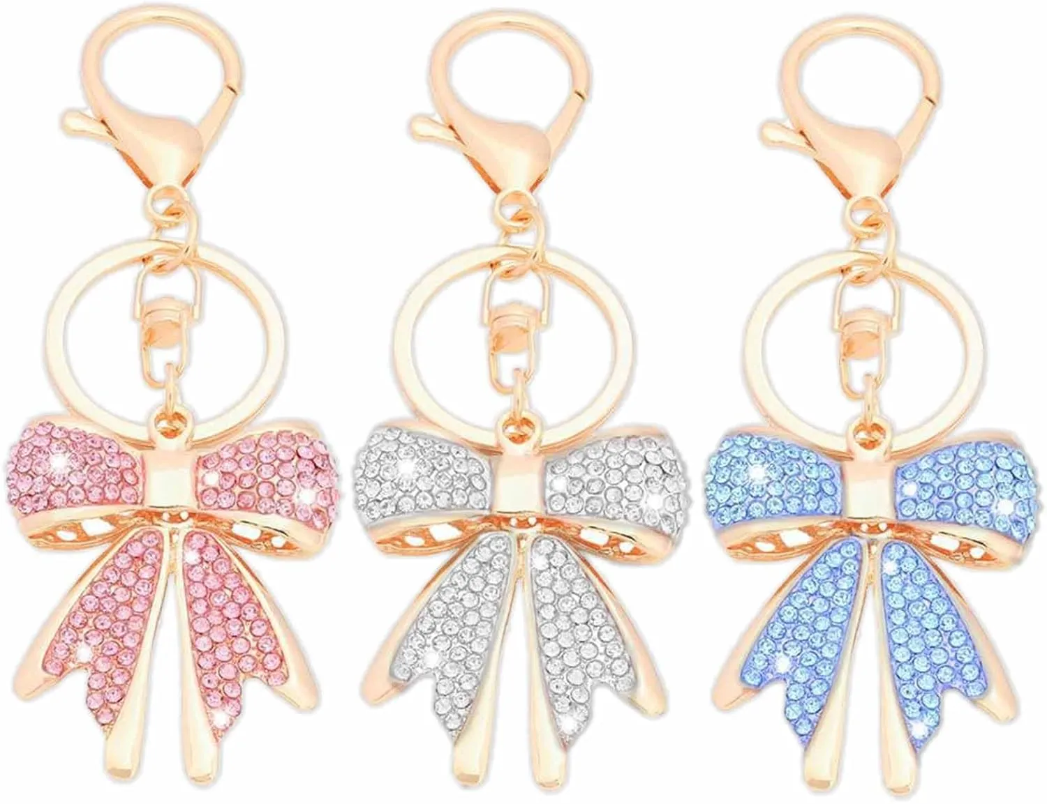 3 PCS Rhinestone Bow Keychain Gold Bowknot Key Chain Sparkly Purse Charms Cute Car Keychain Fashion Key Chain for Key Purse Backpack Handbag Decorate Accessories for Women Girls Pink, White, Blue