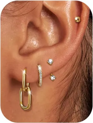 4 Pairs Gold Hoop Huggie Earrings for Women-14K Gold Plated Gold Earrings Set Lightweight Small Dainty-Gold Hoops Jewelry Hypoallergenic Earrings for Women