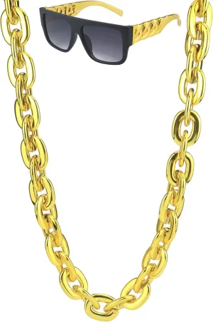 40inch/101cm Big Chunky Fake Gold Chain with Twist Leg Punk Sunglasses, Hip Hop Rapper Costume Plastic Jewelry Necklace, 2Pack 80s 90s Party Costume Accessory for Men Women