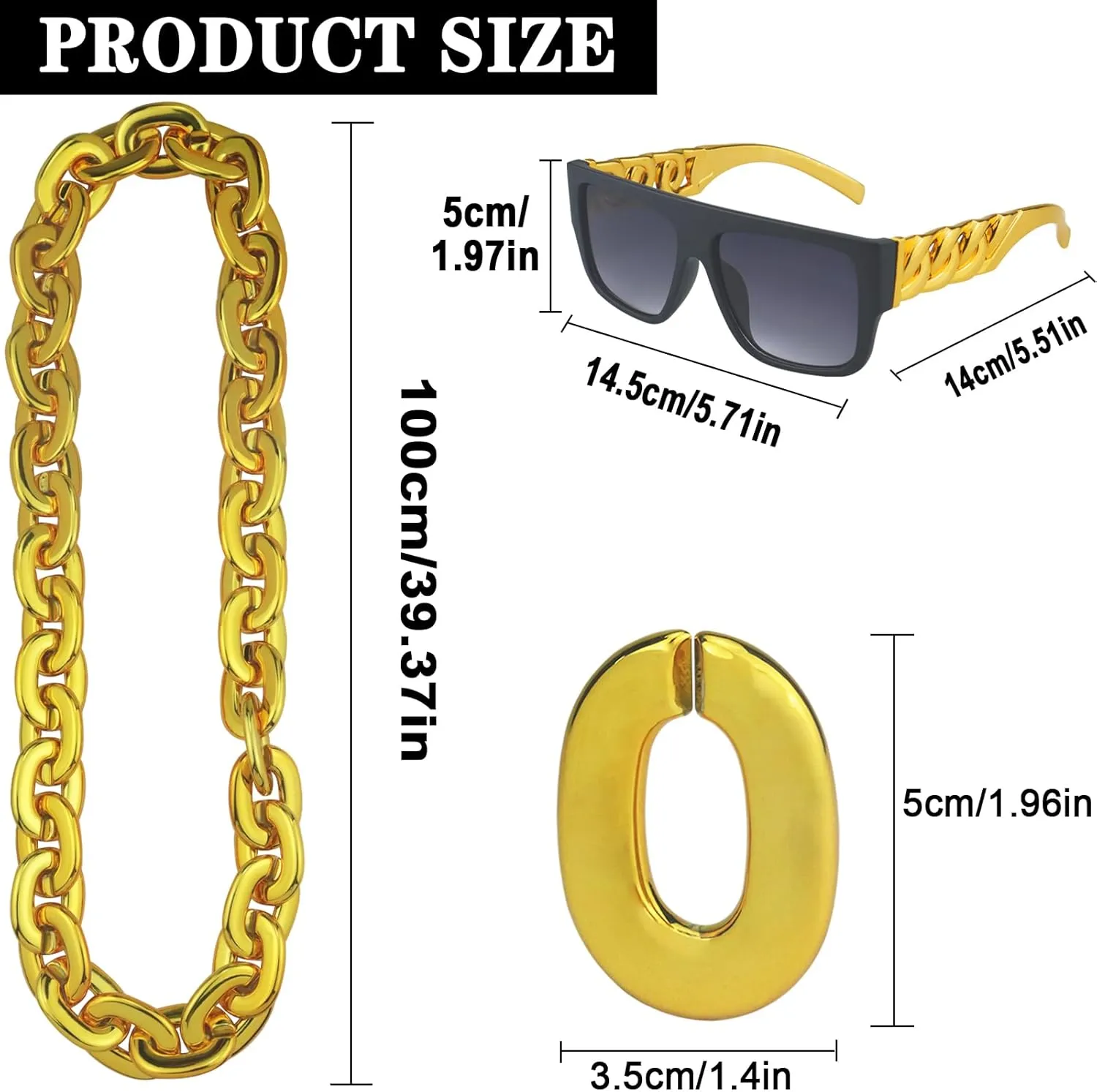 40inch/101cm Big Chunky Fake Gold Chain with Twist Leg Punk Sunglasses, Hip Hop Rapper Costume Plastic Jewelry Necklace, 2Pack 80s 90s Party Costume Accessory for Men Women