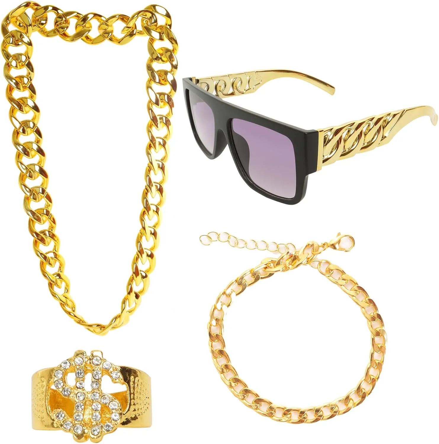 4Pcs 80s 90s Hip Hop Costumes Outfit Kit Accessories Fake Gold Chain Necklace Sunglasses for Men Women Rapper DJ Punk