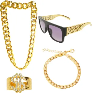 4Pcs 80s 90s Hip Hop Costumes Outfit Kit Accessories Fake Gold Chain Necklace Sunglasses for Men Women Rapper DJ Punk