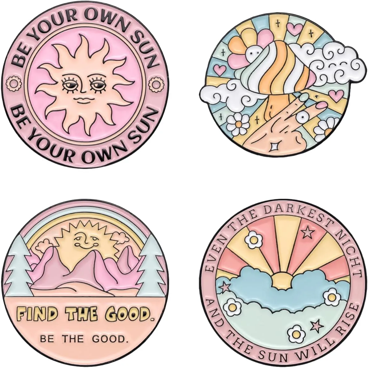 4PCS Inspirational Phrashes Enamel Pins Bulk, Cartoon Cute Cool Girly Positive Sunshine Lapel Backpack Hat Pin Set, Decorative Crooches Button for Jeans, Jackets, Bags, Dress, Shoes