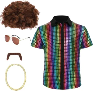 5 Pcs 60s 70s Disco Costume Set Sequins Shirts Afro Wig Beard Gold Necklace Glasses Halloween Party Cosplay