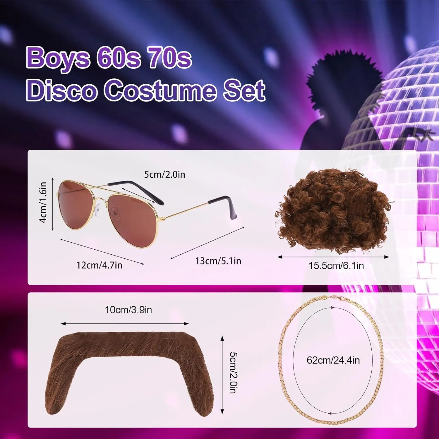 5 Pcs 60s 70s Disco Costume Set Sequins Shirts Afro Wig Beard Gold Necklace Glasses Halloween Party Cosplay
