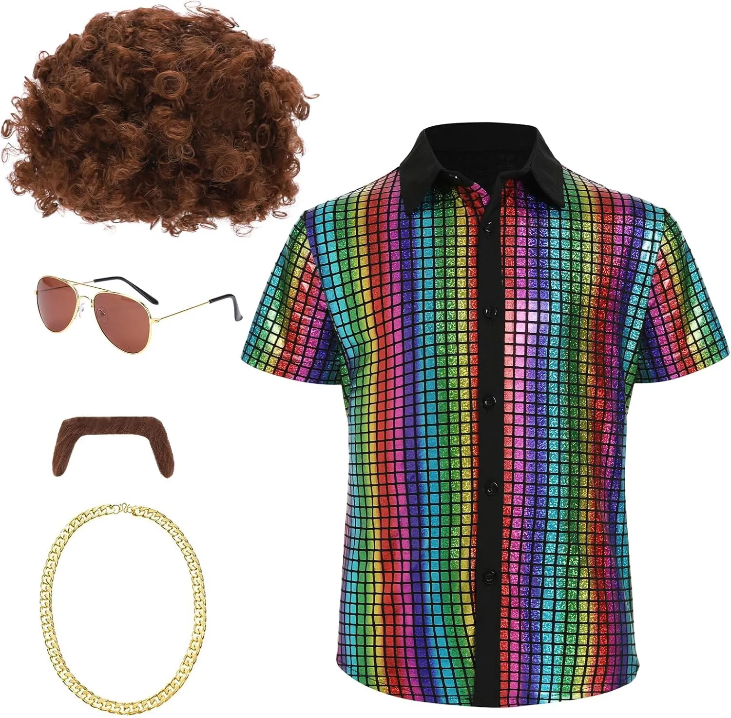 5 Pcs 60s 70s Disco Costume Set Sequins Shirts Afro Wig Beard Gold Necklace Glasses Halloween Party Cosplay