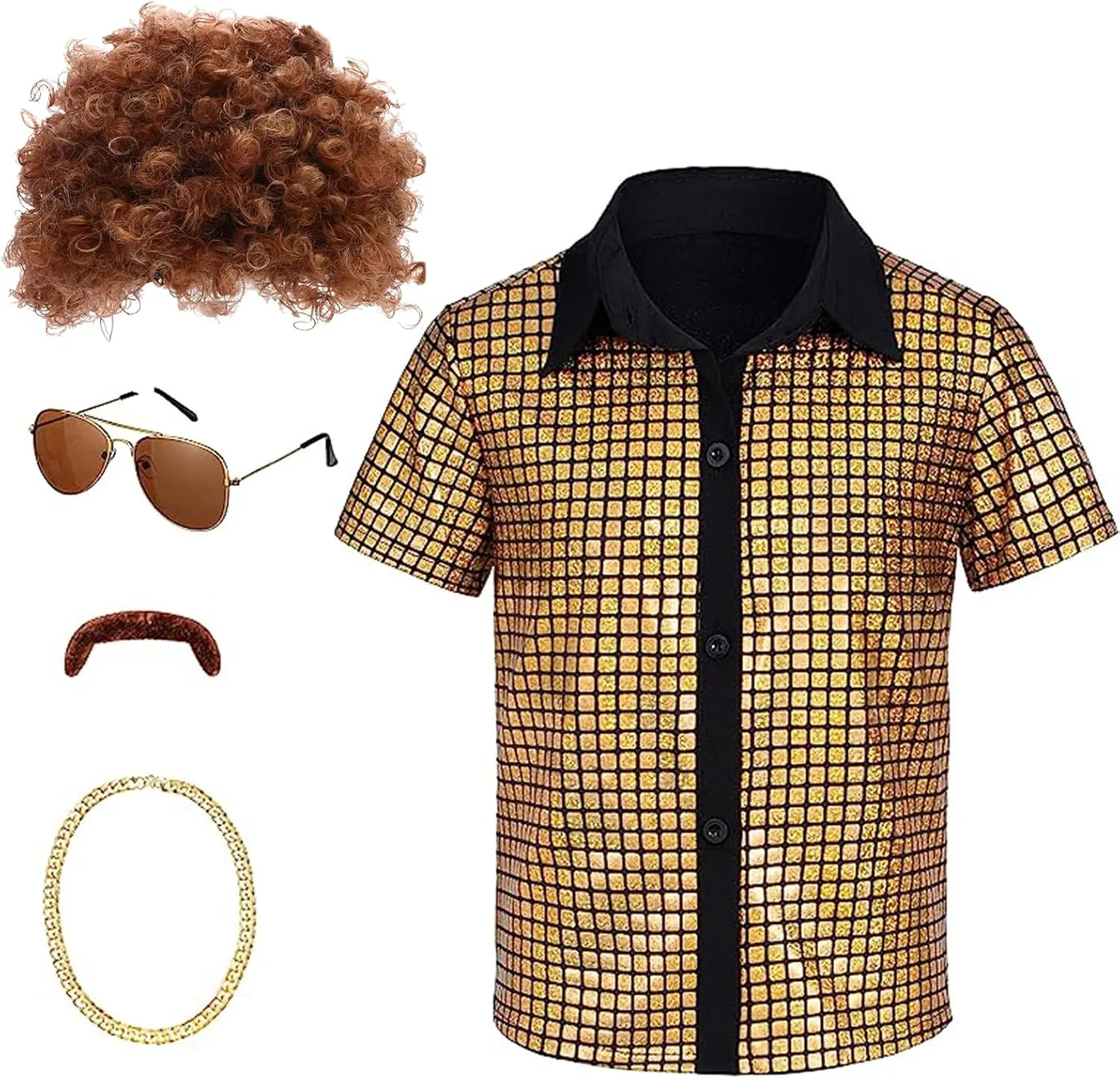 5 Pcs 60s 70s Disco Costume Set Sequins Shirts Afro Wig Beard Gold Necklace Glasses Halloween Party Cosplay