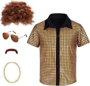 5 Pcs 60s 70s Disco Costume Set Sequins Shirts Afro Wig Beard Gold Necklace Glasses Halloween Party Cosplay