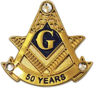 50 Years Square & Compass with Rhinestone Masonic Lapel Pin - [Gold & Blue][1'' Tall]