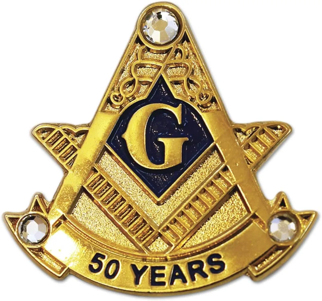 50 Years Square & Compass with Rhinestone Masonic Lapel Pin - [Gold & Blue][1'' Tall]
