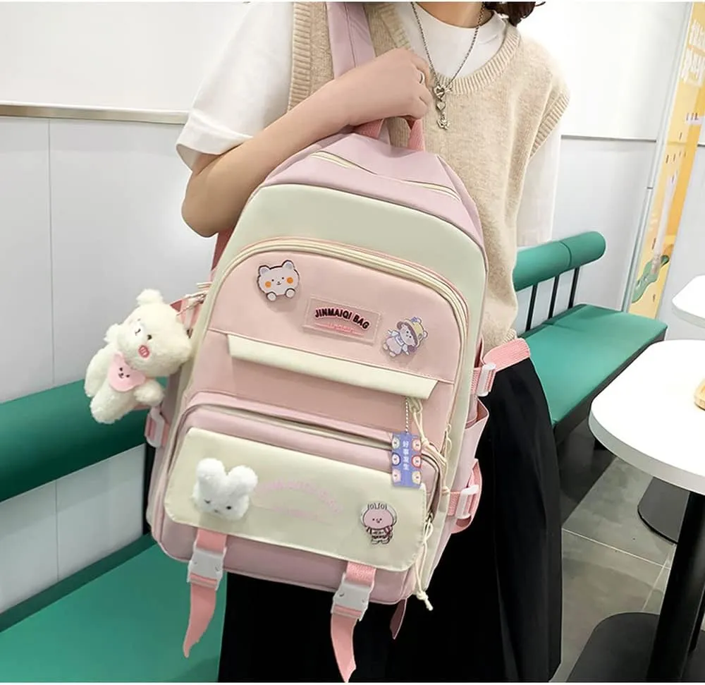 5Pcs Kawaii Anime Canvas School Backpack Combo Set with Pins Cute Bear Pendant Aesthetic Daypack School Essential Kit