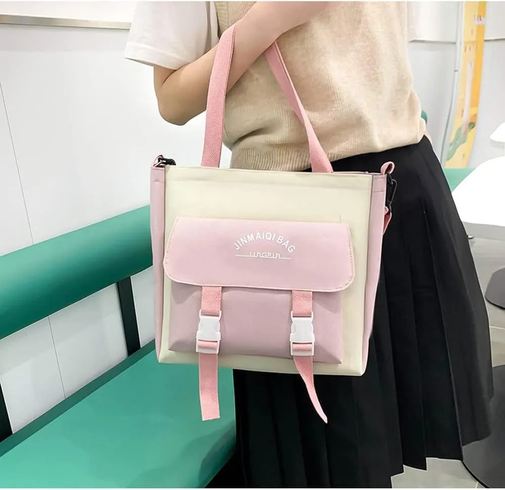 5Pcs Kawaii Anime Canvas School Backpack Combo Set with Pins Cute Bear Pendant Aesthetic Daypack School Essential Kit