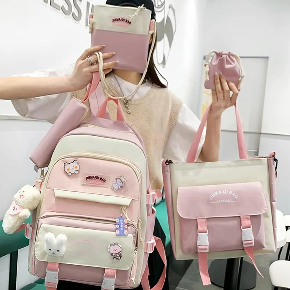 5Pcs Kawaii Anime Canvas School Backpack Combo Set with Pins Cute Bear Pendant Aesthetic Daypack School Essential Kit