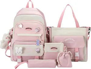 5Pcs Kawaii Anime Canvas School Backpack Combo Set with Pins Cute Bear Pendant Aesthetic Daypack School Essential Kit