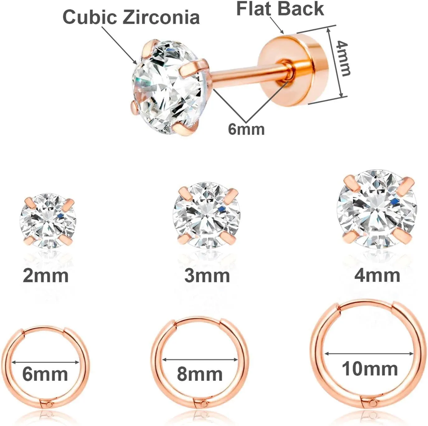 6 Pairs Women Earring Sets for Multiple Piercing,14K Gold Plated Dainty Small Hoop Huggie Earrings, Lightweight Cartilage Earrings,Silver Tiny Stud Earrings CZ Flat Back Earrings for Helix Hypoallergenic