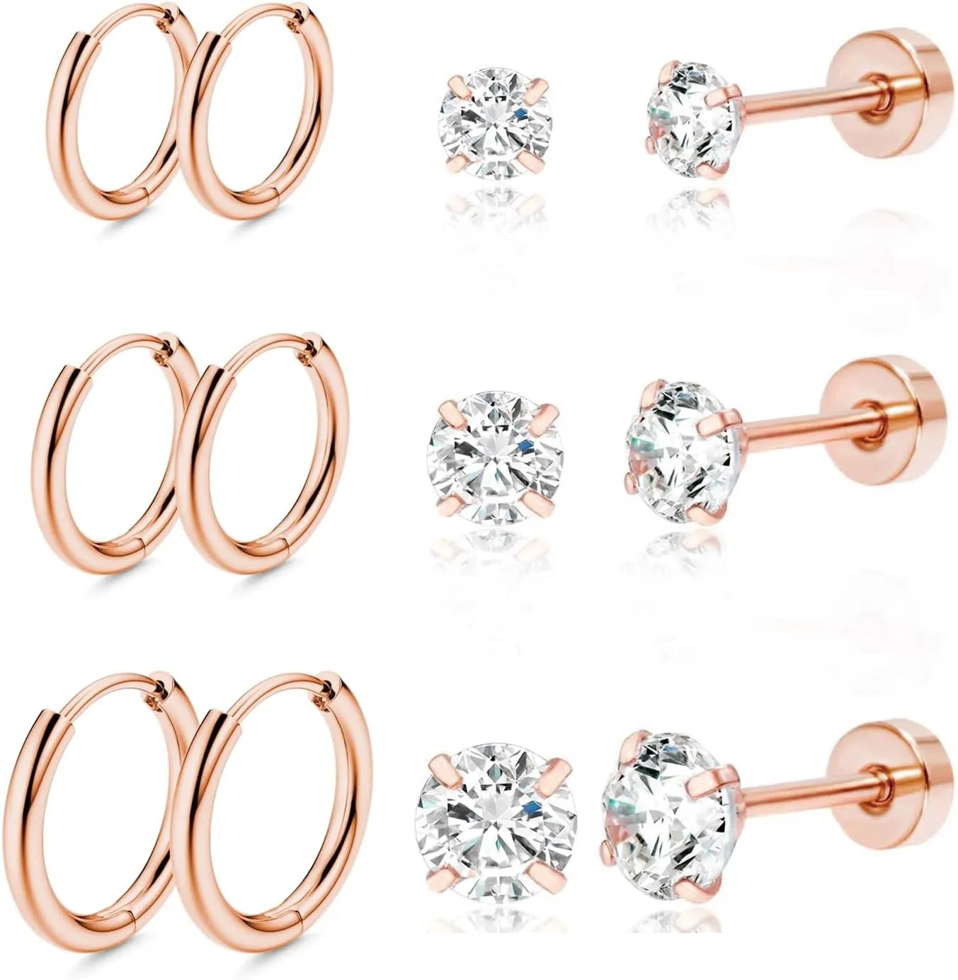 6 Pairs Women Earring Sets for Multiple Piercing,14K Gold Plated Dainty Small Hoop Huggie Earrings, Lightweight Cartilage Earrings,Silver Tiny Stud Earrings CZ Flat Back Earrings for Helix Hypoallergenic