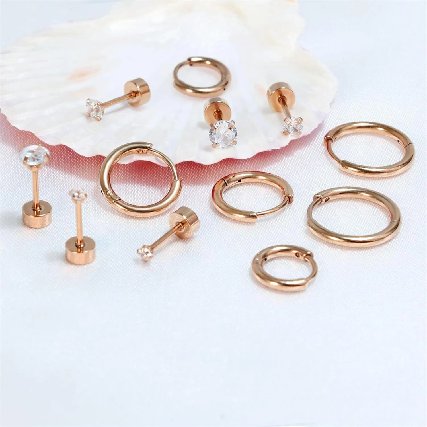 6 Pairs Women Earring Sets for Multiple Piercing,14K Gold Plated Dainty Small Hoop Huggie Earrings, Lightweight Cartilage Earrings,Silver Tiny Stud Earrings CZ Flat Back Earrings for Helix Hypoallergenic