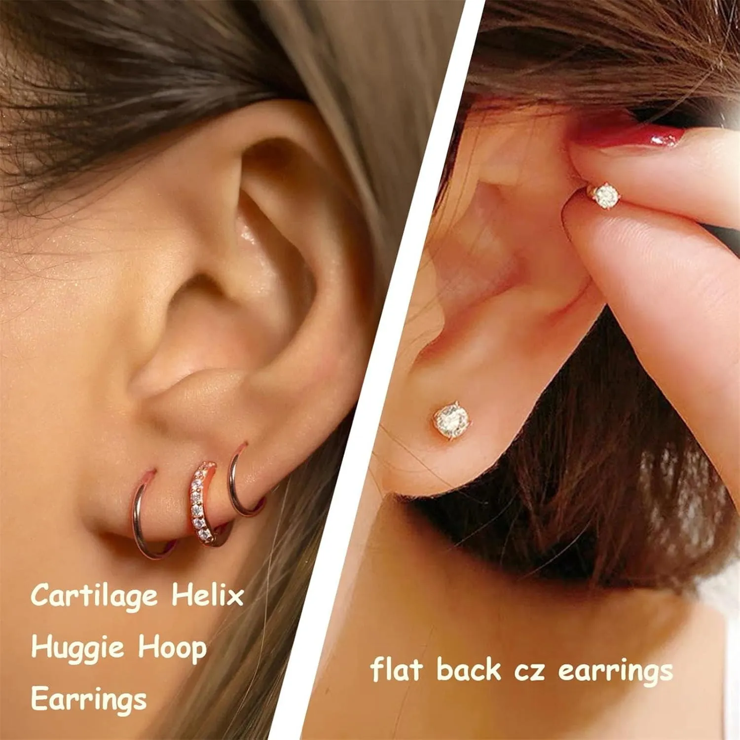 6 Pairs Women Earring Sets for Multiple Piercing,14K Gold Plated Dainty Small Hoop Huggie Earrings, Lightweight Cartilage Earrings,Silver Tiny Stud Earrings CZ Flat Back Earrings for Helix Hypoallergenic