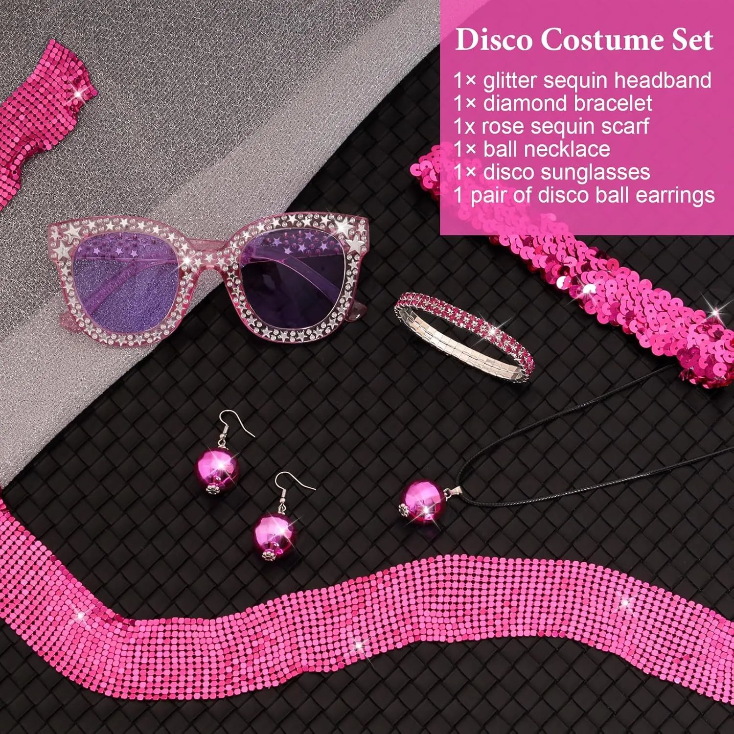 6 Pcs 70s Women Disco Accessories Disco Costume Disco Sequin Scarf Headband Diamond Bracelet Ball Necklace Earring Glasses