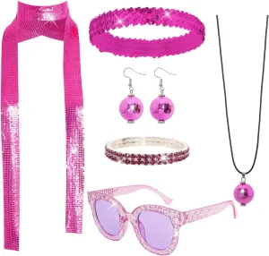 6 Pcs 70s Women Disco Accessories Disco Costume Disco Sequin Scarf Headband Diamond Bracelet Ball Necklace Earring Glasses