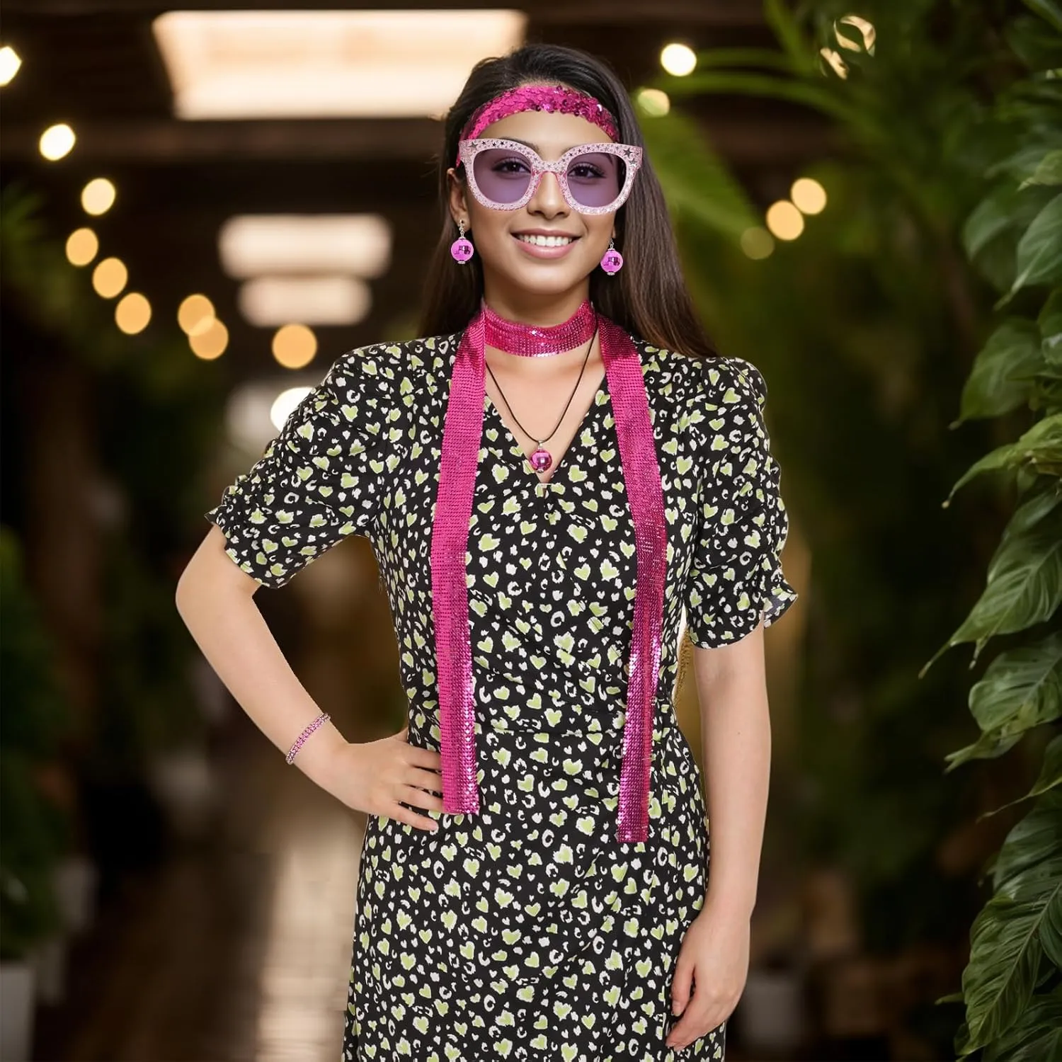 6 Pcs 70s Women Disco Accessories Disco Costume Disco Sequin Scarf Headband Diamond Bracelet Ball Necklace Earring Glasses