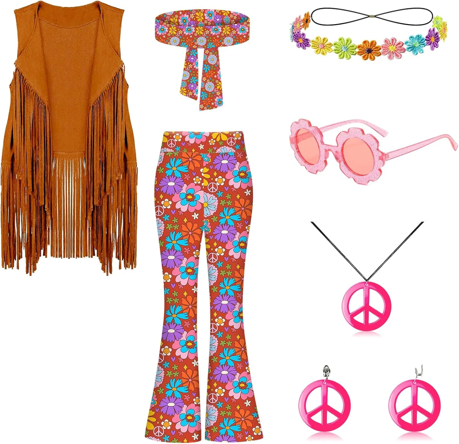 60s 70s Outfits for Kids Girls 7 Pcs Hippie Costume Set Fringe Vest Peace Flared Pants Accessories Set for Halloween