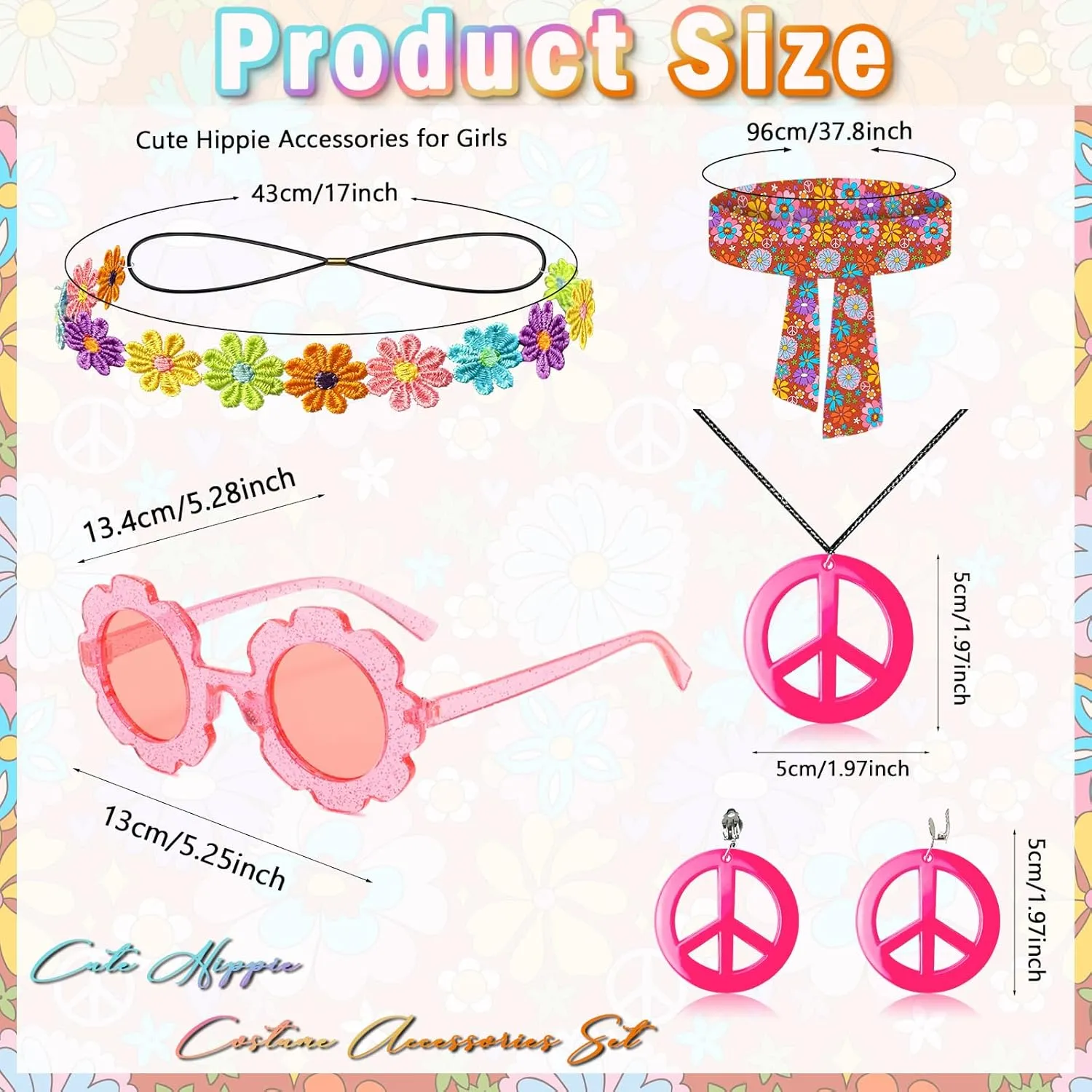 60s 70s Outfits for Kids Girls 7 Pcs Hippie Costume Set Fringe Vest Peace Flared Pants Accessories Set for Halloween