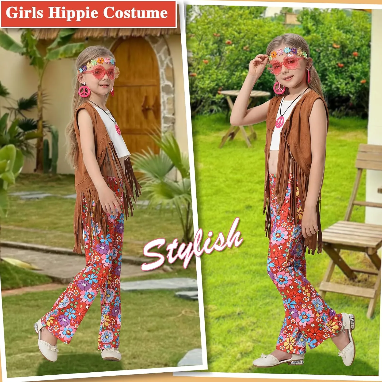 60s 70s Outfits for Kids Girls 7 Pcs Hippie Costume Set Fringe Vest Peace Flared Pants Accessories Set for Halloween