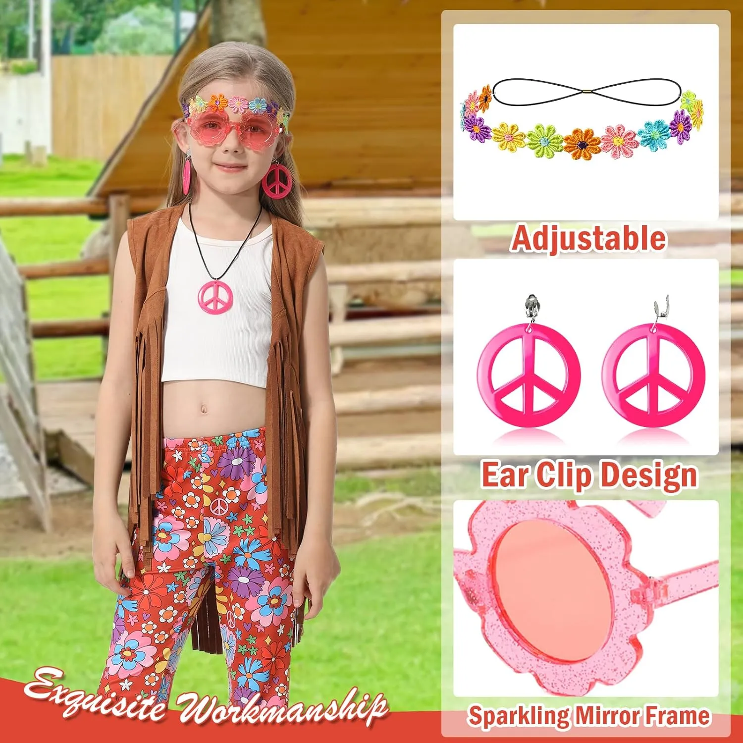 60s 70s Outfits for Kids Girls 7 Pcs Hippie Costume Set Fringe Vest Peace Flared Pants Accessories Set for Halloween
