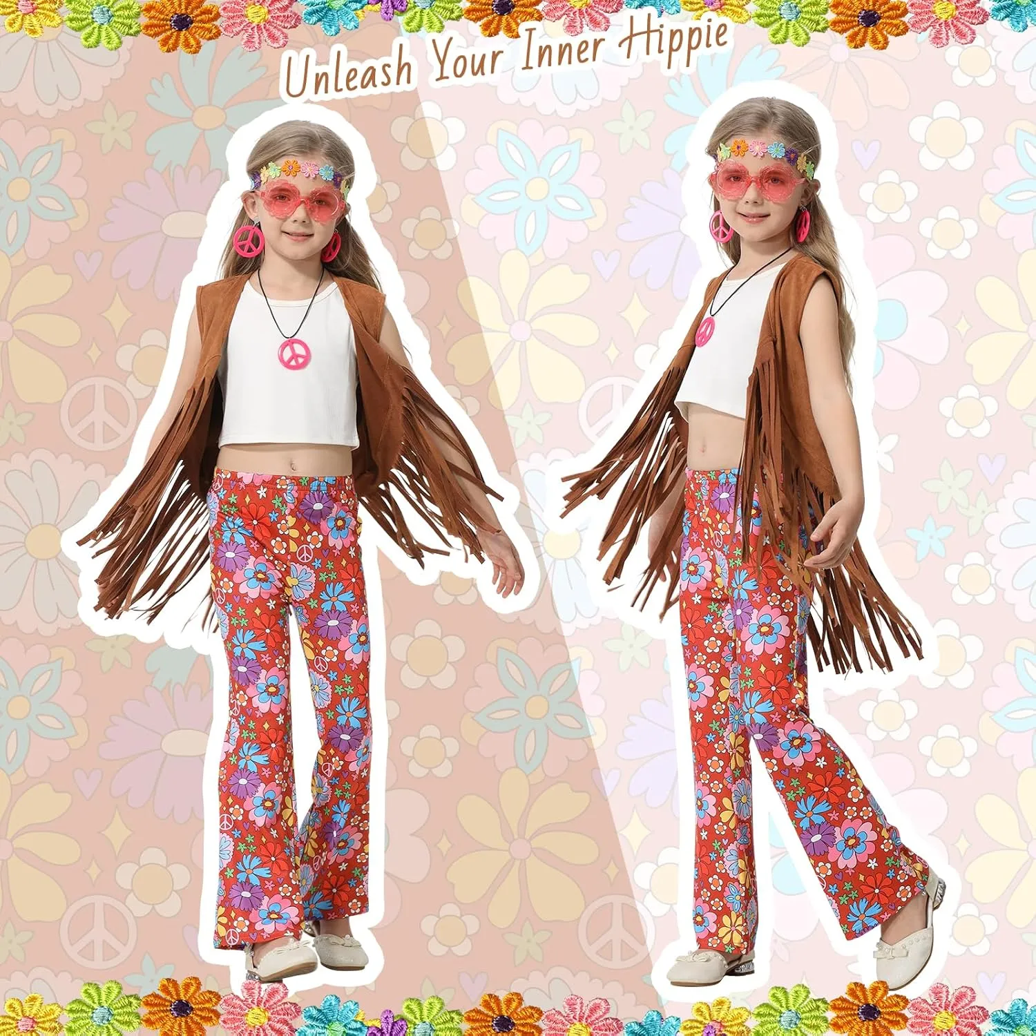 60s 70s Outfits for Kids Girls 7 Pcs Hippie Costume Set Fringe Vest Peace Flared Pants Accessories Set for Halloween