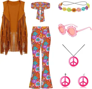 60s 70s Outfits for Kids Girls 7 Pcs Hippie Costume Set Fringe Vest Peace Flared Pants Accessories Set for Halloween